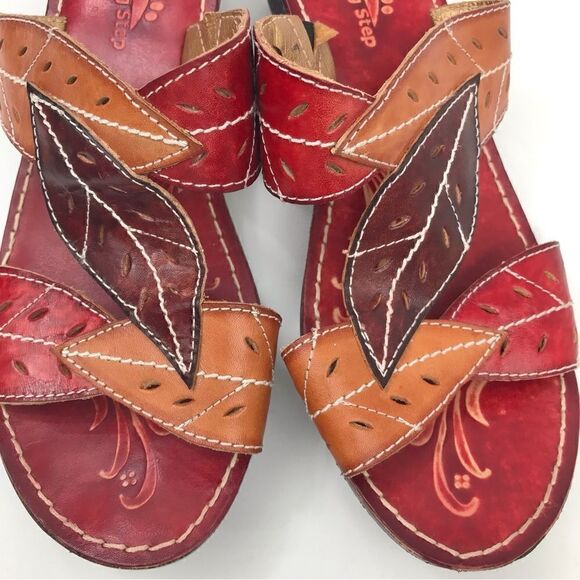 Spring Step AZALEA Red Brown Laser Cut Leaf Whimsical Wedge Heel Open Toe Sandal - Picture 5 of 15